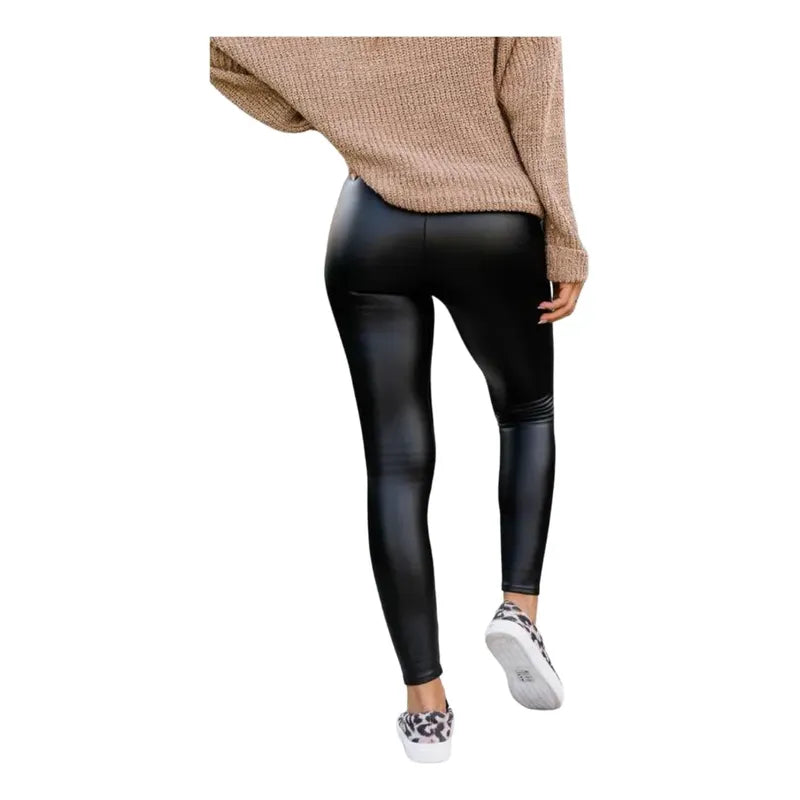 Calza Ecocuero Micropolar Tiro Alto Elasticada Negro Lisa S-m