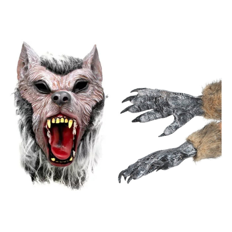 Mascara De Hombre Lobo + Guantes Color Gris Oscuro