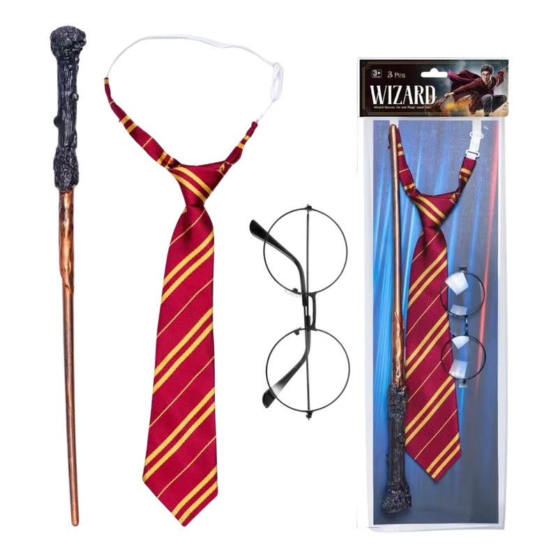 Corbata Gryffindor Harry Potter + Lentes + Varita Burdeo Standar