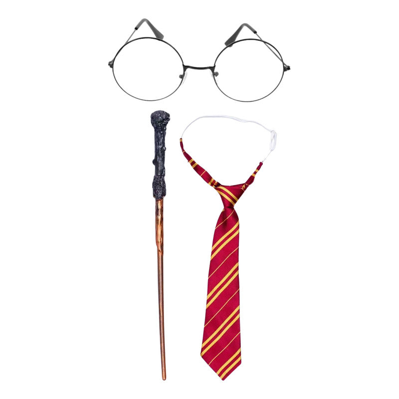 Corbata Gryffindor Harry Potter + Lentes + Varita Burdeo Standar