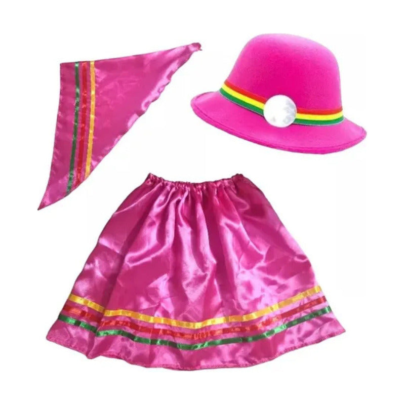 Traje Nortino Baile Nortino 3pzs + Pompon Fiestas Patrias Rosa Chicle S