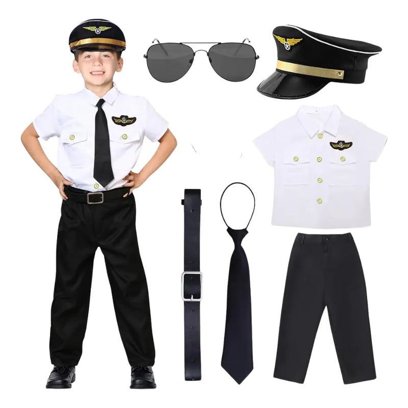 Disfraz Piloto De Avion Cosplay Niños Blanco-negro 7-9