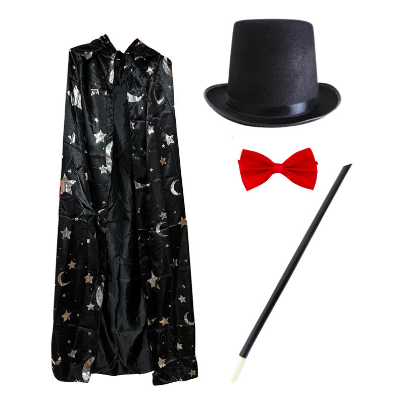 Set. Disfraz Mago Capa Estrellas,gorro,humita,varita Adulto Negro Standar
