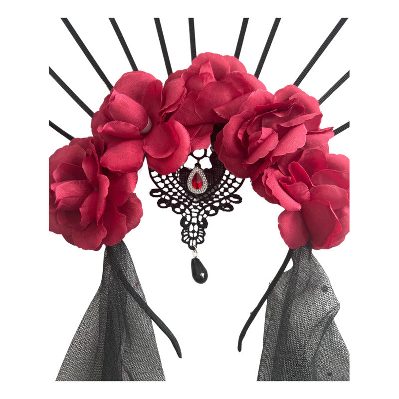 Cintillo Catrina Halloween Rosas Velo Y Dije Disfraz Cosplay