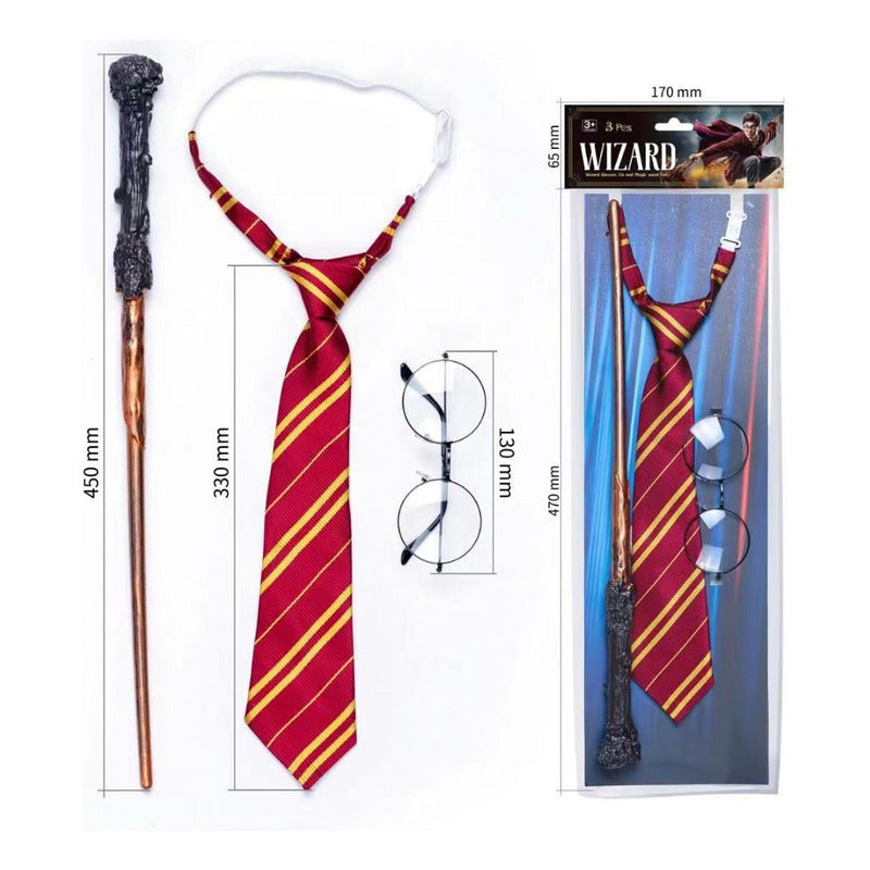 Corbata Gryffindor Harry Potter + Lentes + Varita Burdeo Standar