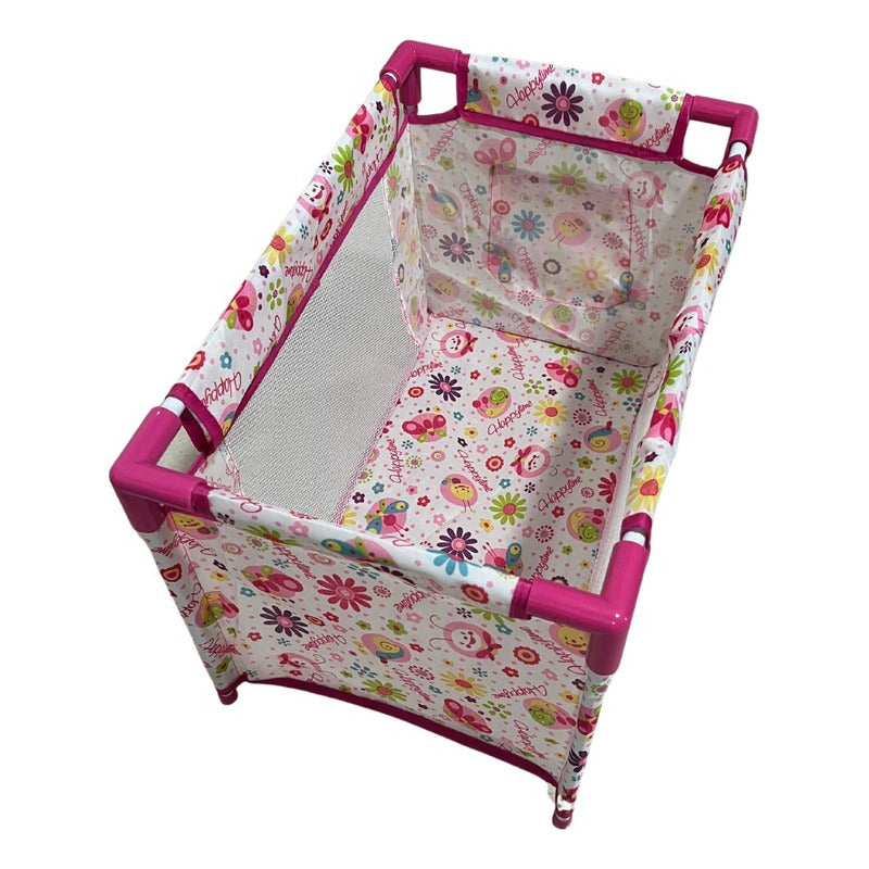 Cuna De Juguete Para Muñeca Corral Metalico Plegable Rosa Estampado Infantil Con Animales Y Flores