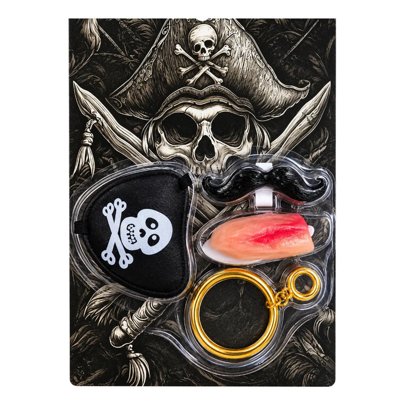 Set De Pirata + Sombrero + Parche, Herida, Aro / Niños Negro 4-10 Años