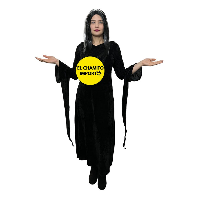 Disfraz De Morticia Addams Gótico Para Mujer + Peluca