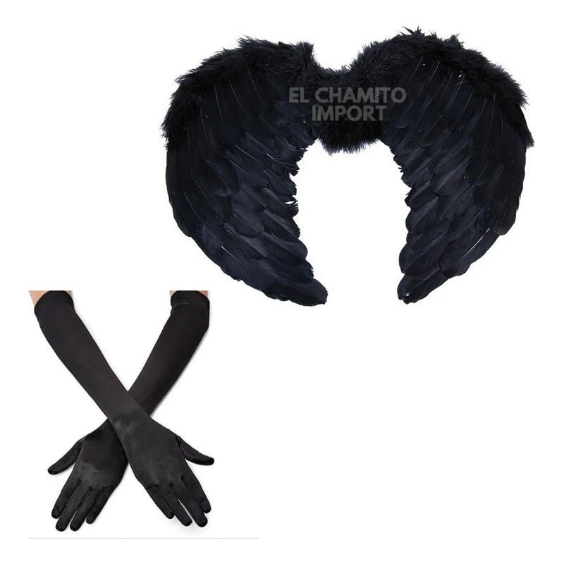 Set Angel Negro/blanco Alas Plumas + Guantes Disfraz Mujer