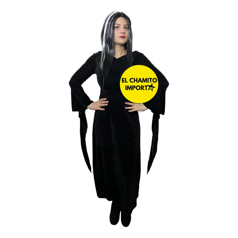 Disfraz De Morticia Addams Gótico Para Mujer + Peluca