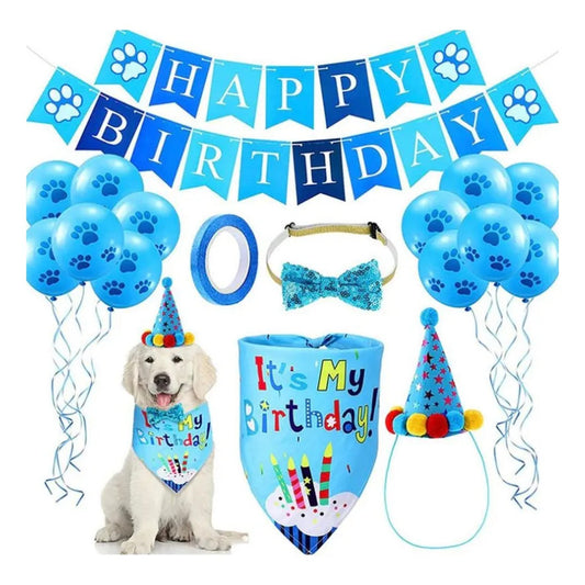 Set Decoración Cumpleaños Kit Cotillon Perros Gatos Mascotas Azul