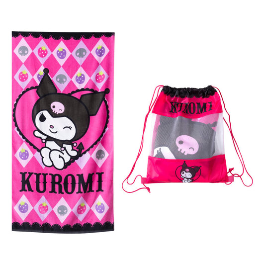 Toalla Playa Algodón Rosa 140x70 Cm Con Bolso Kuromi Lisa