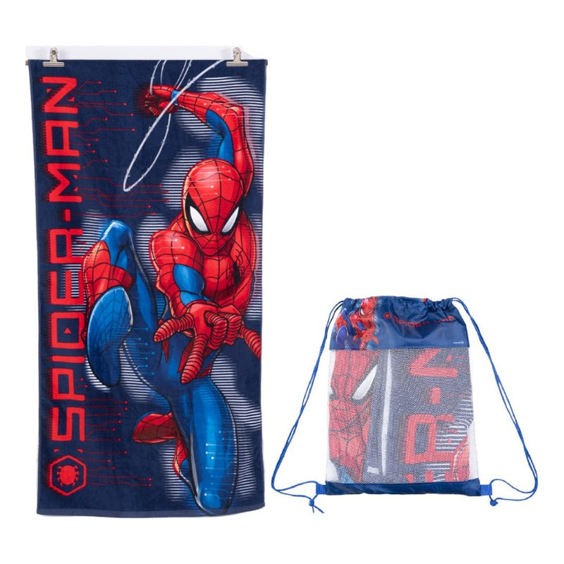 Toalla Playa Algodon C/ Bolso 140x70 Cm Rojo Spiderman Liso