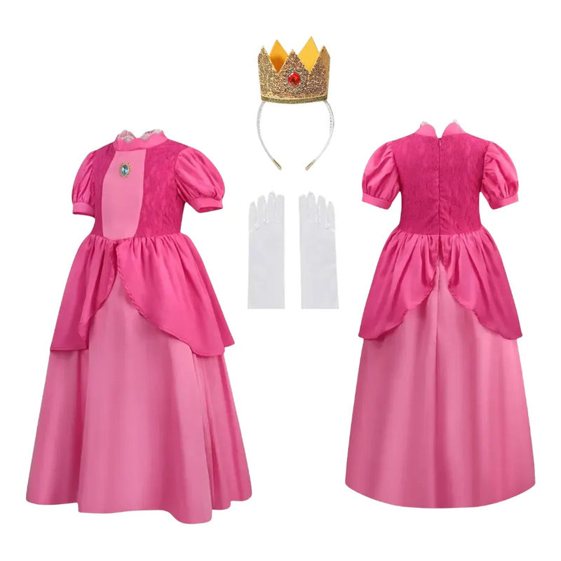 Disfraz Princesa Peach Accesorios Corona Guantes Niña Fuscia 7-9