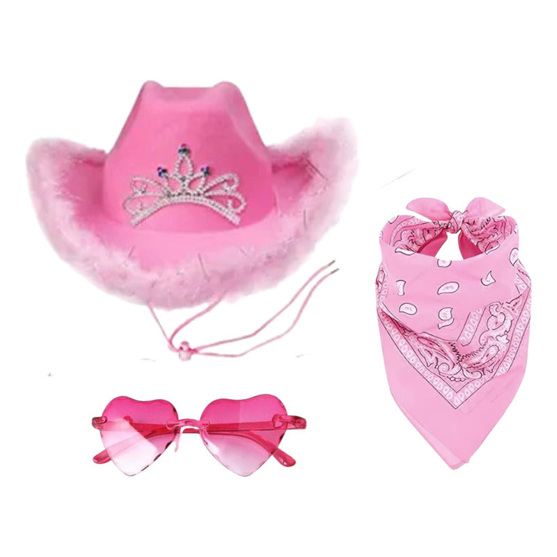 Sombrero De Vaquera  Con Gafas De Corazón + Bandana Cosplay Rosa Standar
