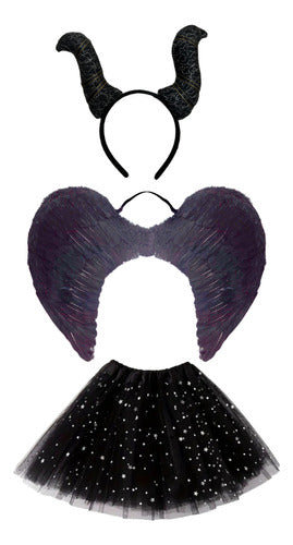 Disfraz Malefica Alas De Pluma Cuernos Tutu Mujer-niña