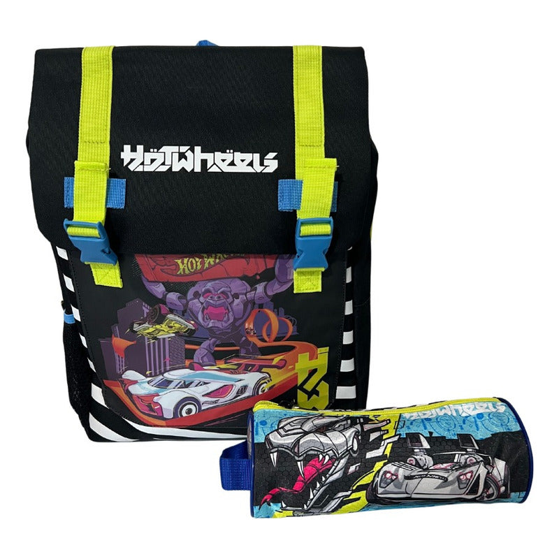 Mochila Escolar Hot Wheels + Estuche Negro Liso