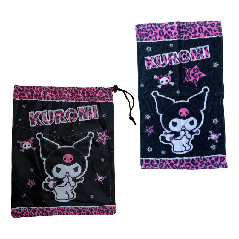 Bolsa De Genero Para Niños Párvulo + Toalla De Mano Algodon Negro Kuromi