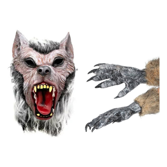 Mascara De Hombre Lobo + Guantes Color Gris Oscuro