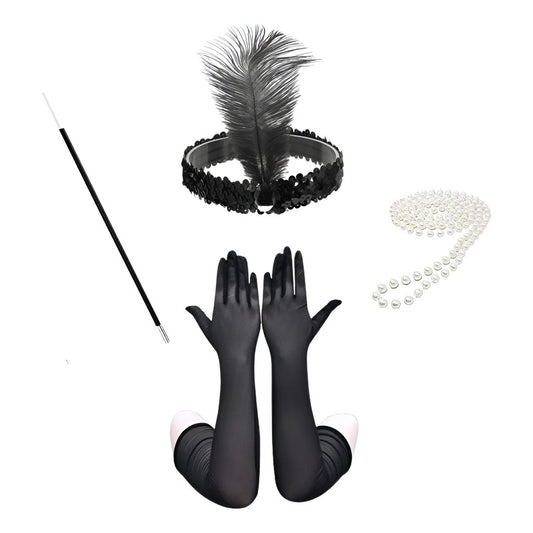 Set Disfraz Charleston Cintillo+ Collar + Boquilla + Guantes Negro Standar