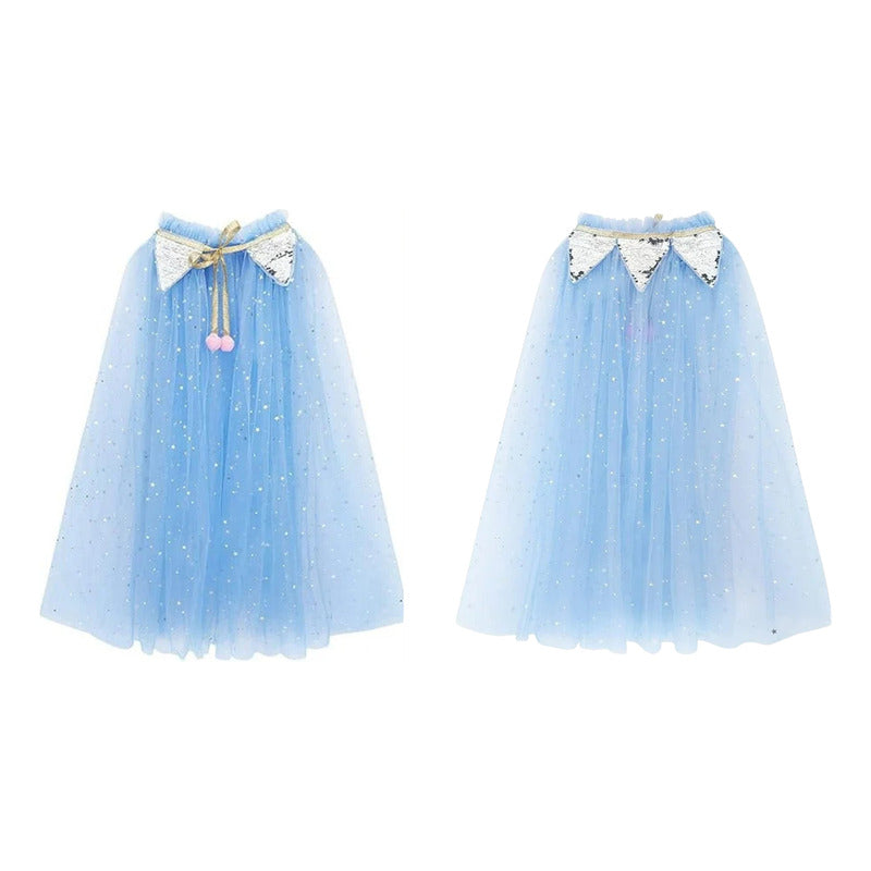 Disfraz De Princesa Para Niñas Capa Corona Varita Celeste 70cm