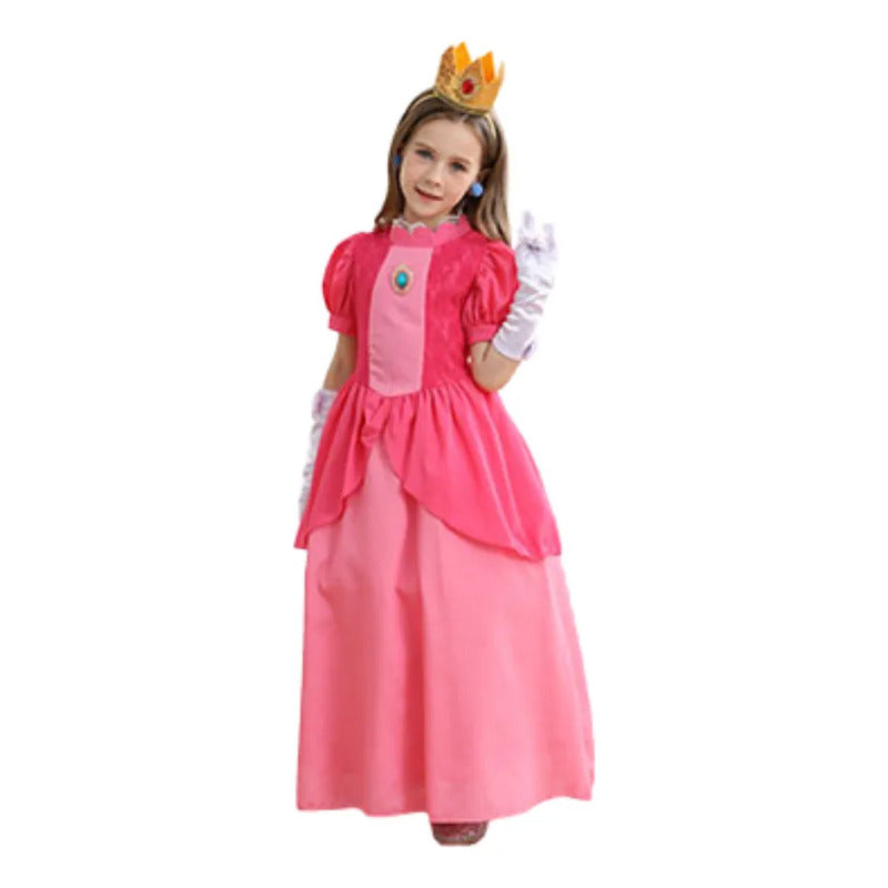 Disfraz Princesa Peach Accesorios Corona Guantes Niña Fuscia 7-9