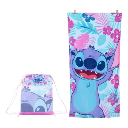 Toalla Playa Algodon C/ Bolso 140x70 Cm Celeste Stitch Flores Lisa