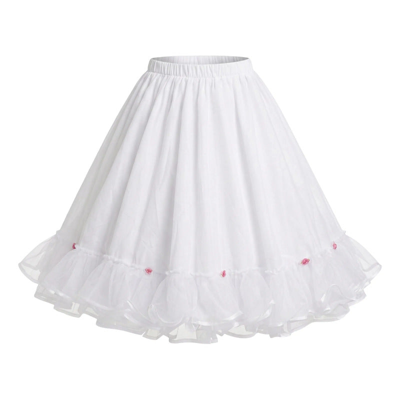 Falso Falda Baile Cueca Fiestas Patrias Blanco/flor Lisa Xl