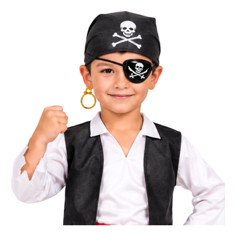 Set De Pirata Para Niños Bandana + Aro + Parche - Cosplay Negro 4-10 Años
