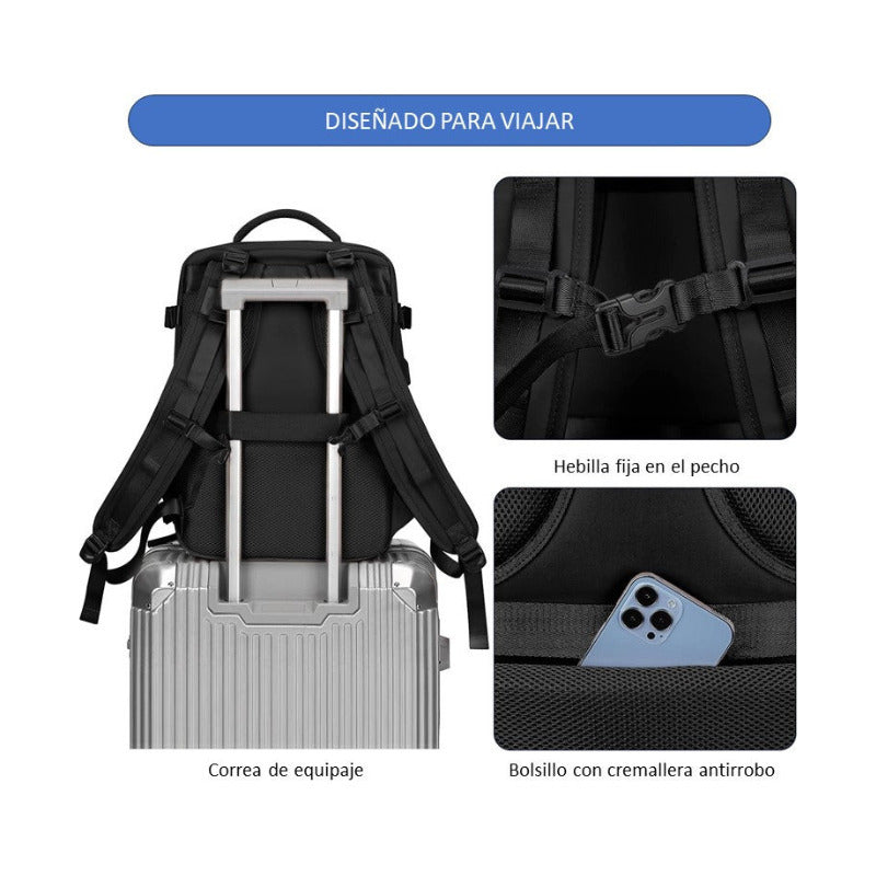 Mochila De Viaje Avión Multifuncional Gran Capacidad 35 Lts Negro Liso