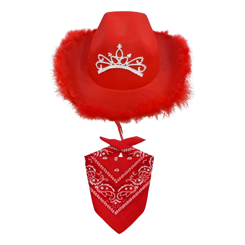 Sombrero Vaquero Fieltro Liso Rojo + Bandana Cosplay Adultos Pack 2 Piezas