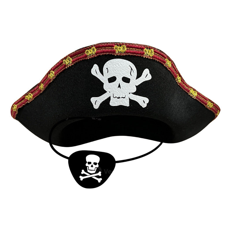 Sombrero Pirata + Parche Disfraz Accesorio Cosplay Negro Standar Lisa
