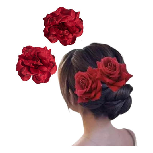Set X2 Pinches De Flor Rosa Para Peinado Cabello Baile Huasa