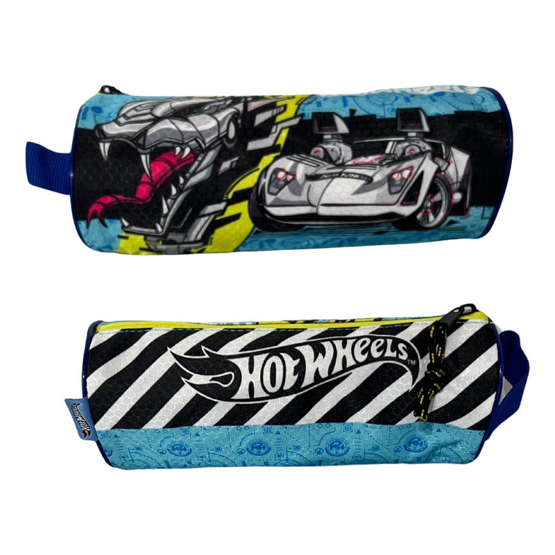 Mochila Escolar Hot Wheels + Estuche Negro Liso