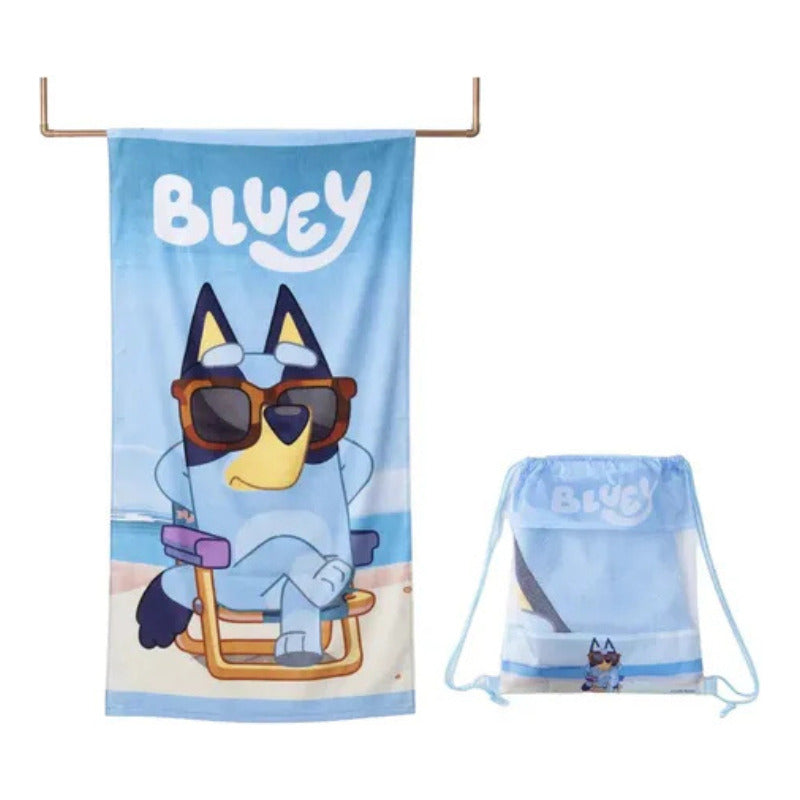 Toalla Playa Algodon C/ Bolso 140x70 Cm Celeste Bluey Lisa