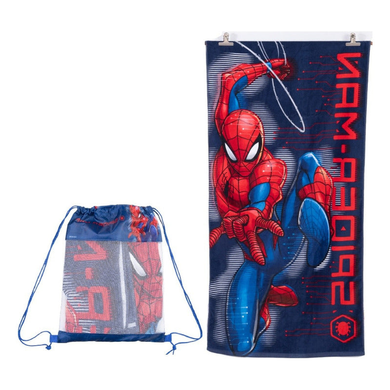 Toalla Playa Algodon C/ Bolso 140x70 Cm Rojo Spiderman Liso