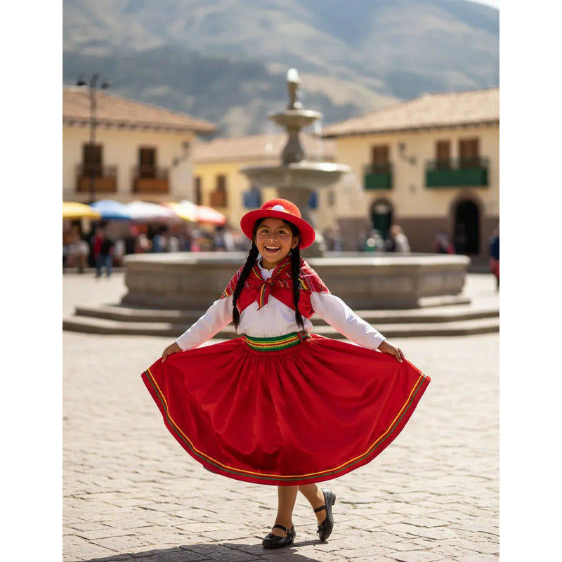 Traje Infantil Para Niña Nortino - Bailes Tipicos Rojo Liso 10-12