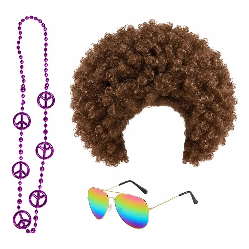 Set Disfraz Años 80 Peluca Lentes Collar Castaño Standar