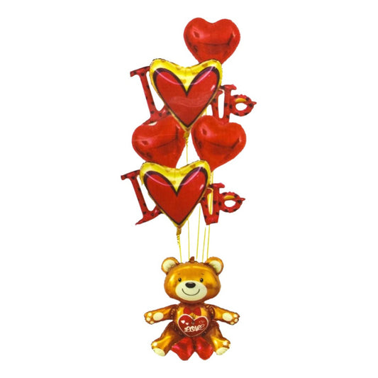 Pack Globos Figura Oso Teddy 60cm Decoración Amor  Rojo Oso Con Corazones