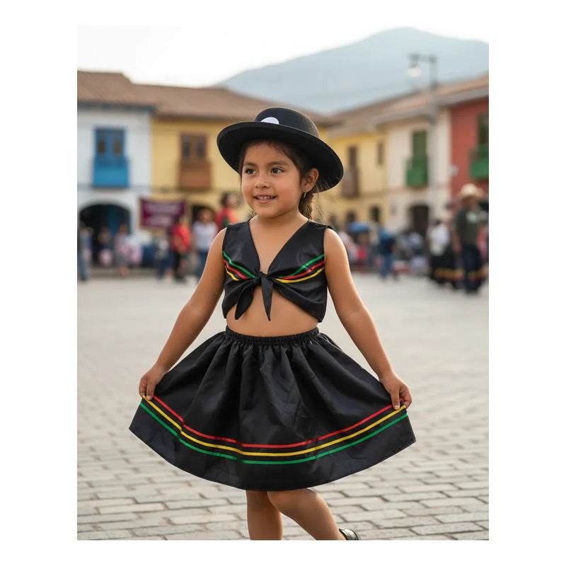 Traje Infantil Para Niña Nortino - Bailes Tipicos Negro Liso 5-6