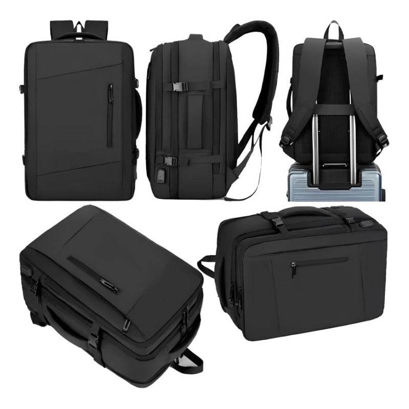Mochila De Viaje Avión Multifuncional Gran Capacidad 35 Lts Negro Liso