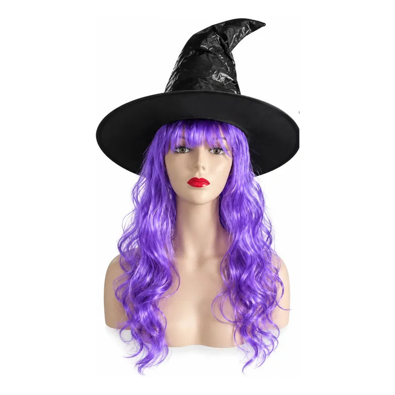 Set Disfraz Bruja   Sombrero Y Peluca Larga Halloween Negro Standar