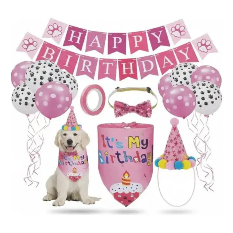 Set Decoración Cumpleaños Kit Cotillon Perros Gatos Mascotas Rosa