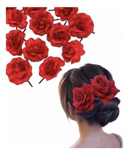 Set X12 Pinches De Flor Rosa Para Peinado Cabello Baile