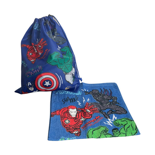 Bolsa De Genero Para Niños Párvulo + Toalla De Mano Algodon Azul Vengadores