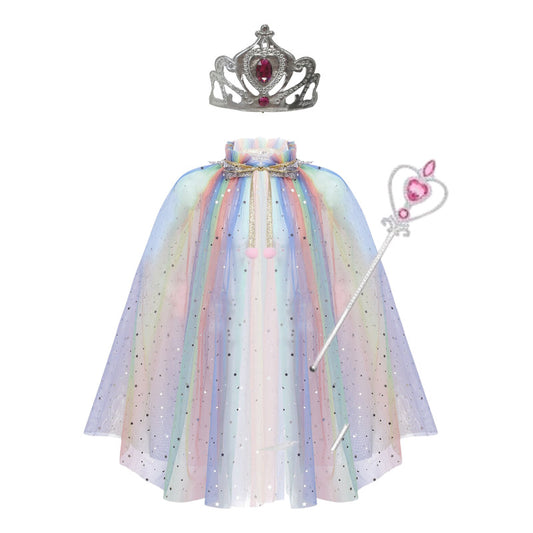 Disfraz De Princesa Para Niñas Capa Corona Varita Multicolor 70cm