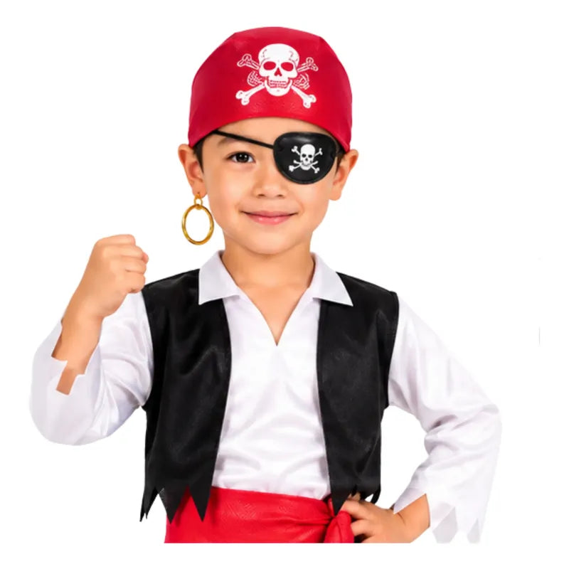 Set De Pirata Para Niños Bandana + Aro + Parche - Cosplay Rojo 3 A 10 Años