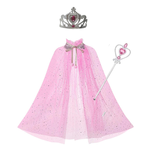 Disfraz De Princesa Para Niñas Capa Corona Varita Rosa 70cm