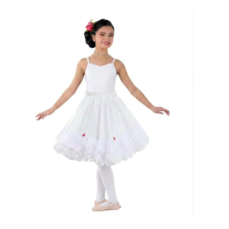 Falso Falda Baile Cueca Fiestas Patrias Niña Blanco/flor Liso 7-9