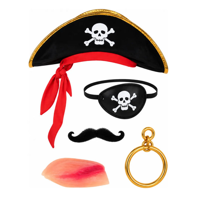 Set De Pirata + Sombrero + Parche, Herida, Aro / Niños Negro 4-10 Años